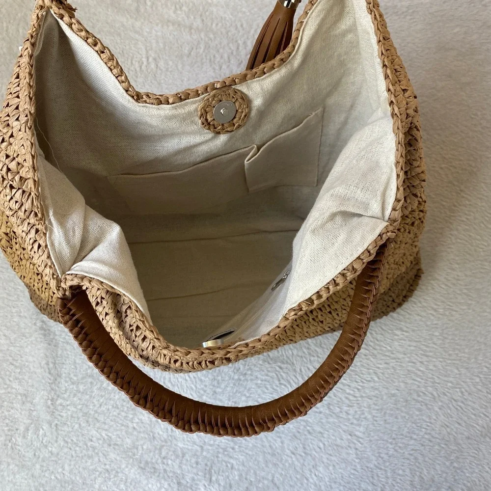 Tommy Bahama Colorblock Woven Straw Tote Bag Tan Coastal Resort Vacation NWT - Picture 7 of 11